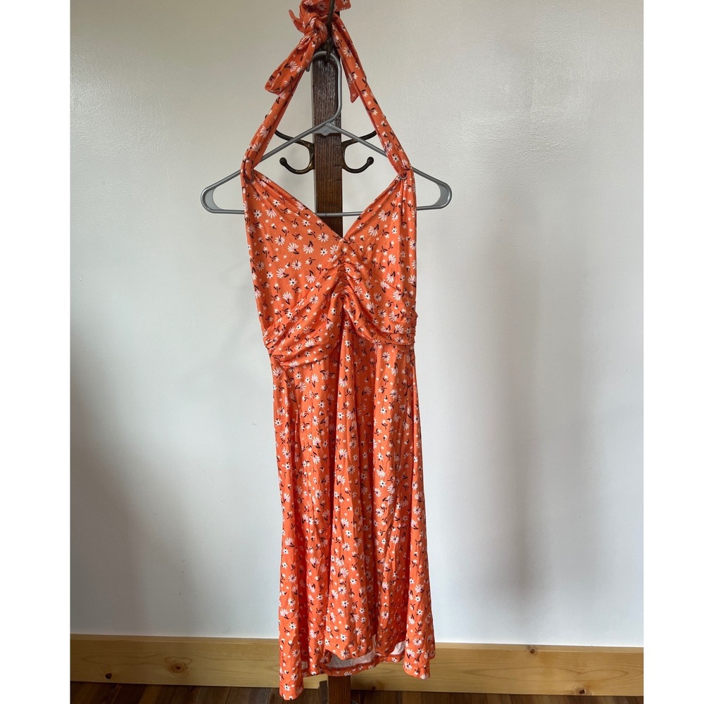 HUHOT Orange Floral Halter Midi Dress Ruched V-Neck Open Bak L Summer Boho Girly